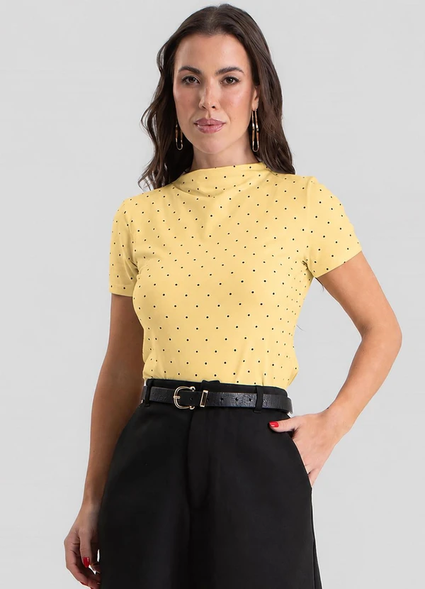 Dianna - Blusa Feminina Gola Chaminé, Estampa Poá Amarelo