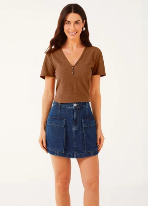 Marialícia - Blusa Feminina Gola V com Botões Marrom - MARIALÍCIA