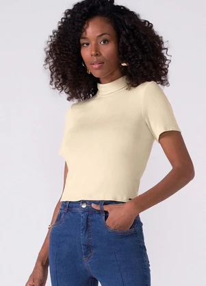 Marialícia - Blusa Feminina Lisa Gola Alta Bege - MARIALÍCIA