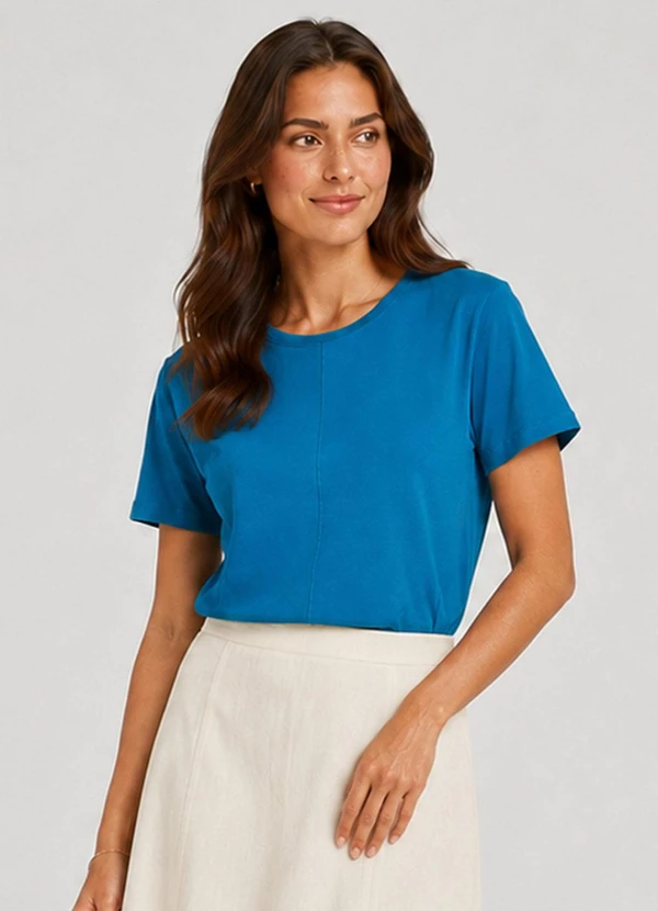 Select - Blusa Feminina Lisa Gola Redonda Azul