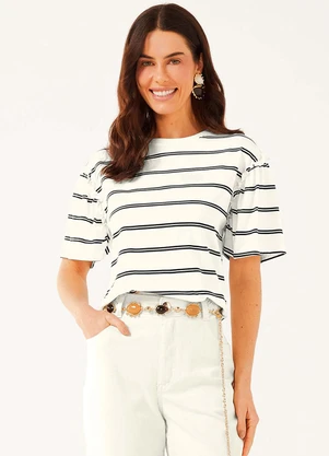 Marialícia - Blusa Feminina Listrada com Franzidos Bege - MARIALÍCIA