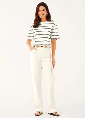 Marialícia - Blusa Feminina Listrada com Franzidos Bege - MARIALÍCIA