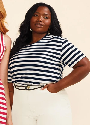 Marialícia - Blusa Feminina Listrada Detalhe Costas Azul - MARIALÍCIA