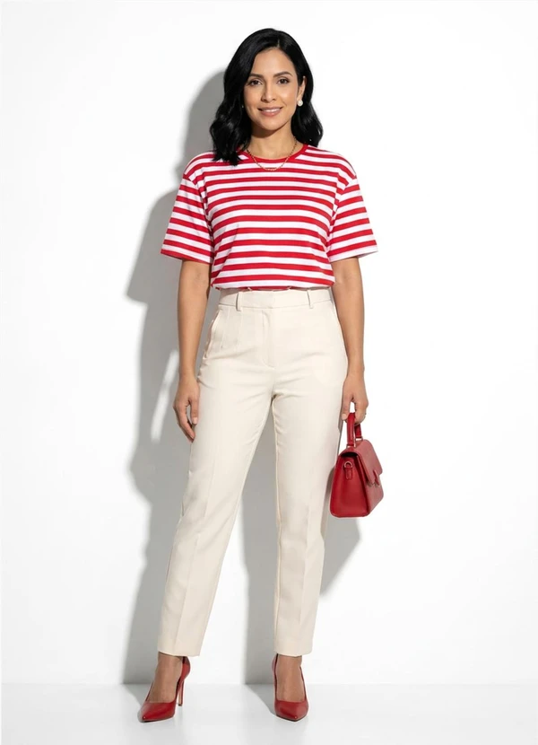 Marialícia - Blusa Feminina Listrada Detalhe Costas Vermelho