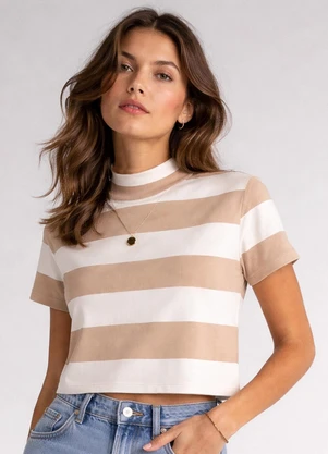Infinita Cor - Blusa Feminina Listrada Gola Alta Bege - INFINITA COR