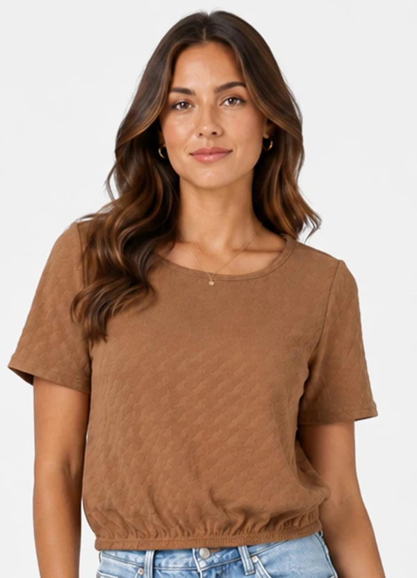 Infinita Cor - Blusa Feminina Malha Tunis Manga Godê Marrom