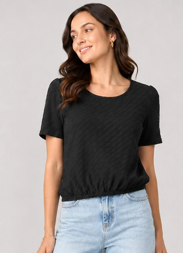 Infinita Cor - Blusa Feminina Malha Tunis Manga Godê Preto