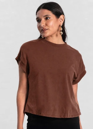 Infinita Cor - Blusa Feminina Malha Visco com Ribana Marrom - INFINITA COR