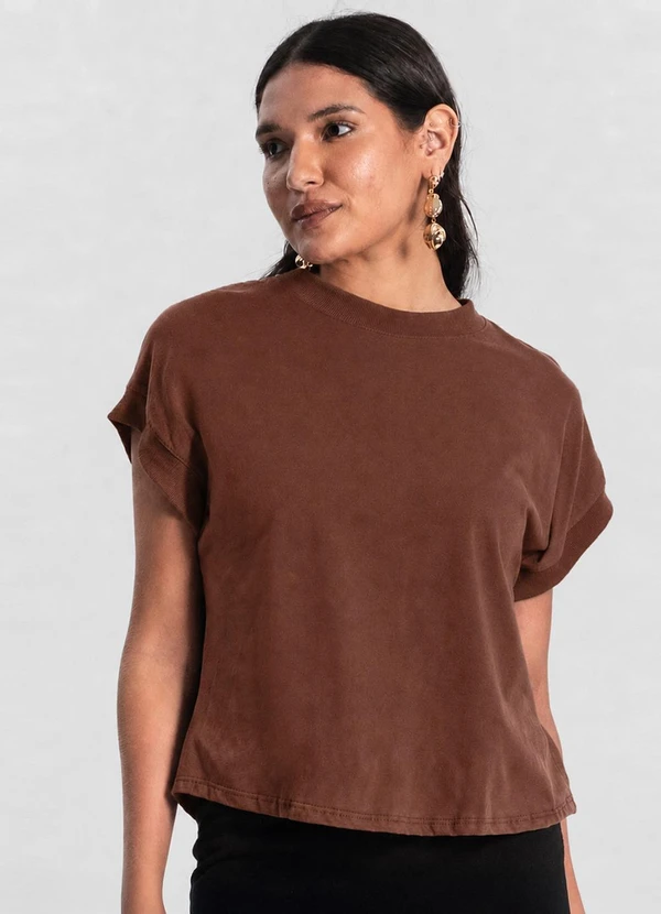 Infinita Cor - Blusa Feminina Malha Visco com Ribana Marrom