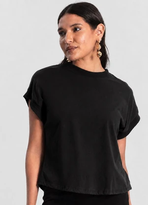 Infinita Cor - Blusa Feminina Malha Visco com Ribana Preto - INFINITA COR