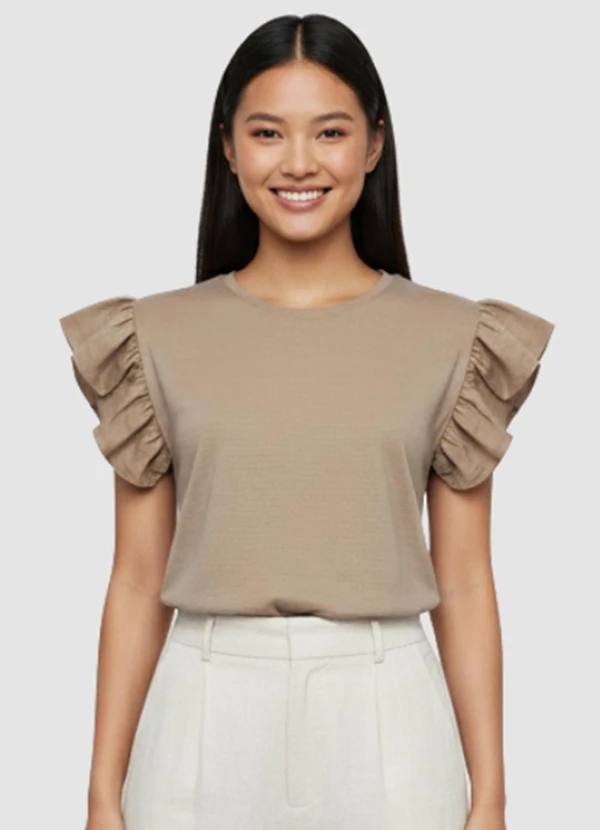 Yends Fashion - Blusa Feminina Manga Babado Bege