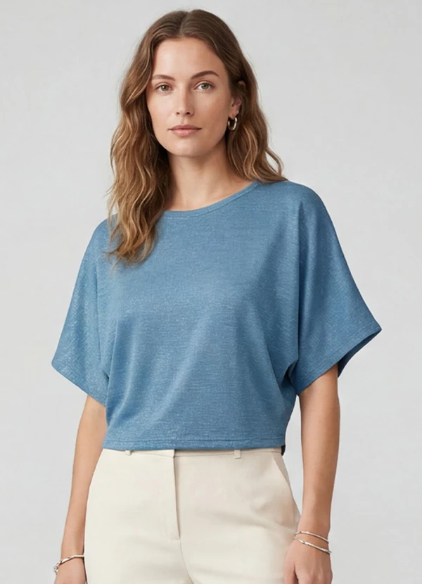 Infinita Cor - Blusa Feminina Manga Curta Azul