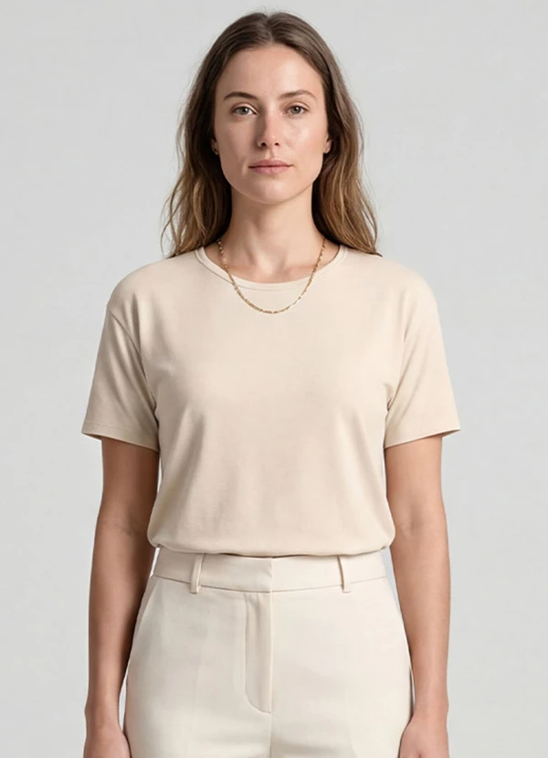 Infinita Cor - Blusa Feminina Manga Curta Bege