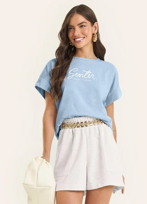 Rovitex - Blusa Feminina Manga Curta Bordado Cordel Azul - ROVITEX