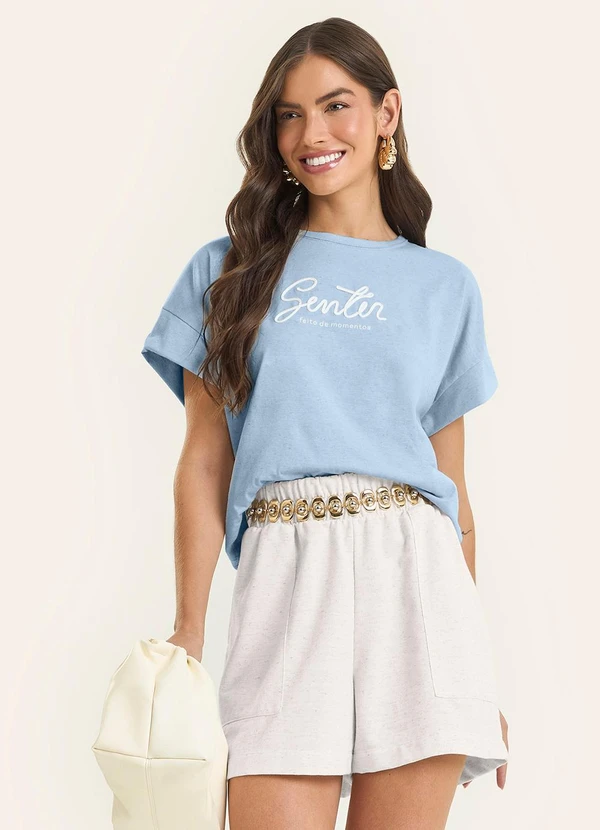 Rovitex - Blusa Feminina Manga Curta Bordado Cordel Azul