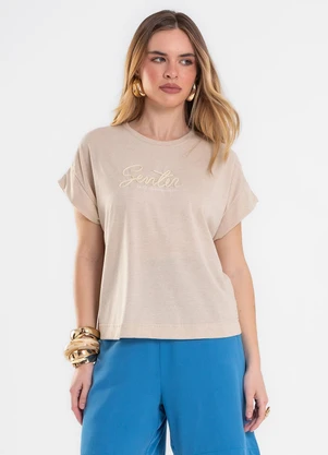 Rovitex - Blusa Feminina Manga Curta Bordado Cordel Bege - ROVITEX