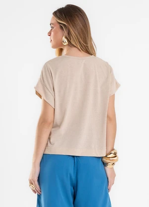 Rovitex - Blusa Feminina Manga Curta Bordado Cordel Bege - ROVITEX