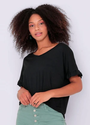 Torra - Blusa Feminina Manga Curta com Babados Preta - TORRA