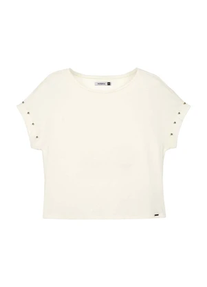 Marialícia - Blusa Feminina Manga Curta com Pérolas Bege - MARIALÍCIA