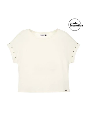 Marialícia - Blusa Feminina Manga Curta com Pérolas Bege - MARIALÍCIA