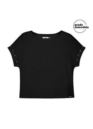 Marialícia - Blusa Feminina Manga Curta com Pérolas Preto - MARIALÍCIA