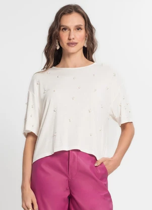 Endless - Blusa Feminina Manga Curta com Strass Bege - ENDLESS