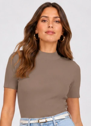 Infinita Cor - Blusa Feminina Manga Curta em Ribana Marrom - INFINITA COR