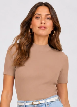 Infinita Cor - Blusa Feminina Manga Curta em Ribana Marrom - INFINITA COR