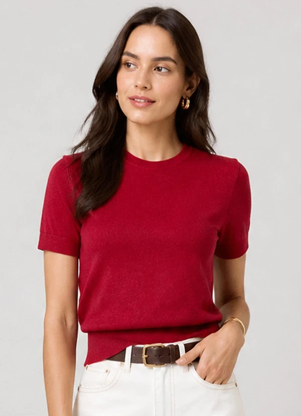 Infinita Cor - Blusa Feminina Manga Curta em Tricot Vermelho
