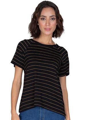 Rovitex - Blusa Feminina Manga Curta Estampa Lurex Listras Preto - ROVITEX
