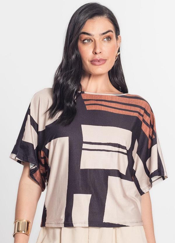 Rovitex - Blusa Feminina Manga Curta Estampada Donna Bege