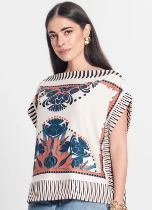 Rovitex - Blusa Feminina Manga Curta Estampada Donna Bege - ROVITEX