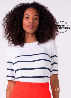Marialícia - Blusa Feminina Manga Curta Listrada Branco - MARIALÍCIA