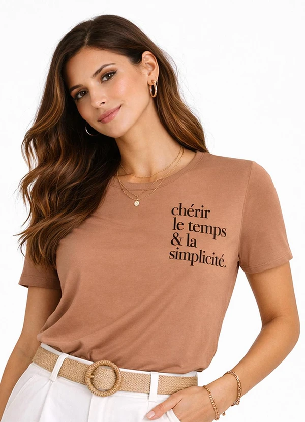 Infinita Cor - Blusa Feminina Manga Curta Marrom