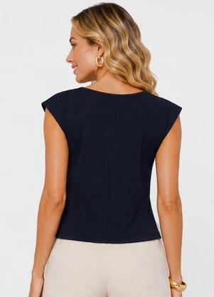 Rovitex - Blusa Feminina Manga Curta Ribana Canelada Azul - ROVITEX