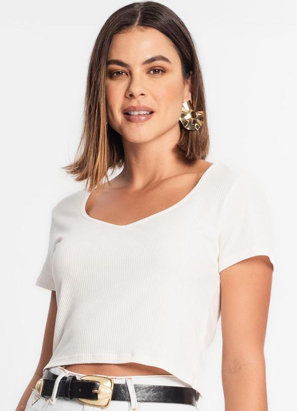 Rovitex - Blusa Feminina Manga Curta Ribana Canelada Bege 1