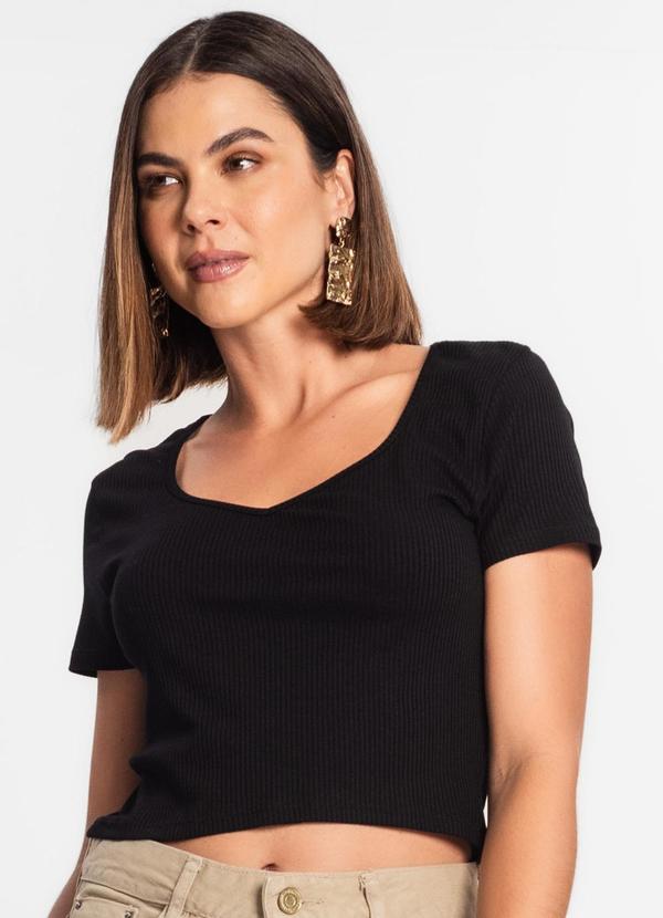 Rovitex - Blusa Feminina Manga Curta Ribana Canelada Preto