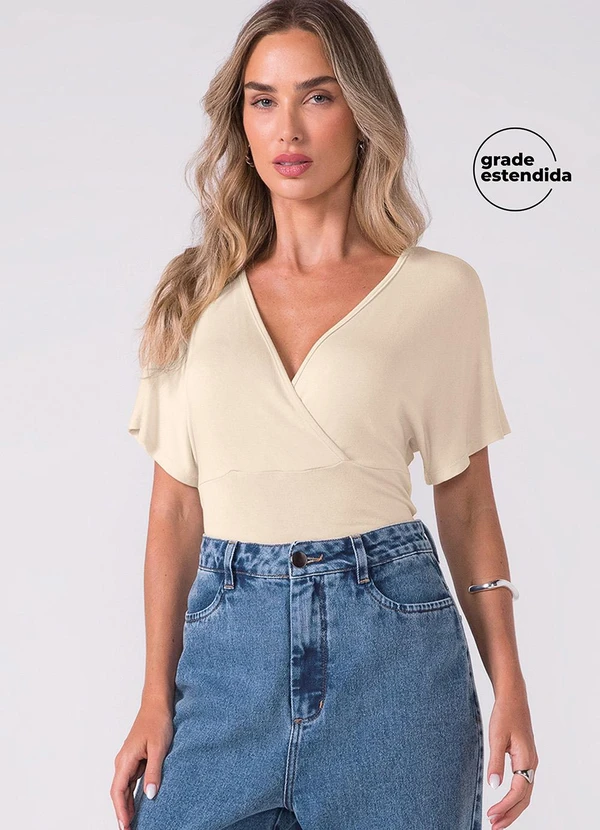 Marialícia - Blusa Feminina Manga Curta Transpassada Bege