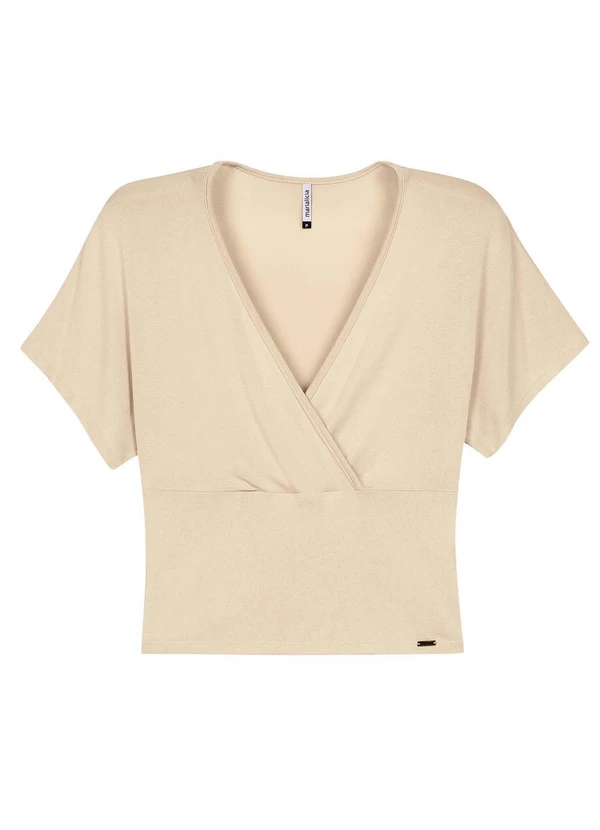 Marialícia - Blusa Feminina Manga Curta Transpassada Bege 3