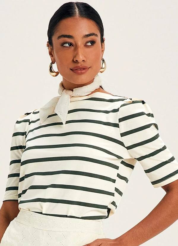 Marialícia - Blusa Feminina Meia Malha Listrada  Bege