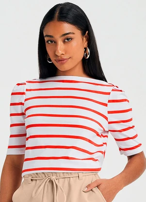 Marialícia - Blusa Feminina Meia Malha Listrada  Vermelho - MARIALÍCIA