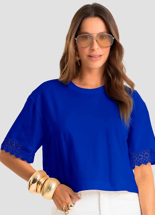 Dianna - Blusa Feminina Meia Malha Renda na Manga Azul