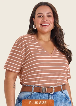 Secret Glam - Blusa Feminina Plus Size Gola V Marrom - SECRET GLAM