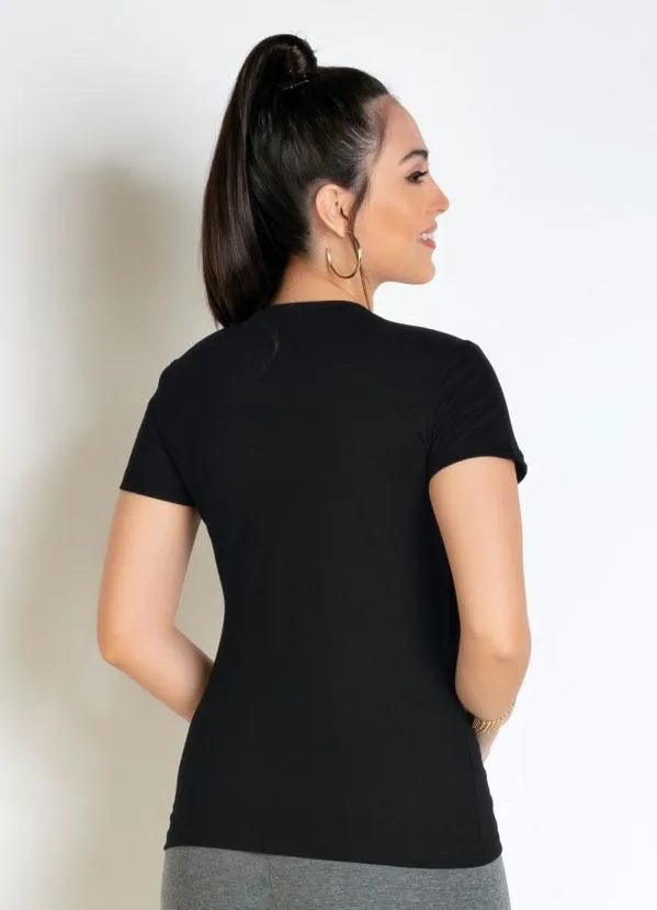 Basicamente - Blusa Feminina Preta Baby Look com Mangas Curtas 2