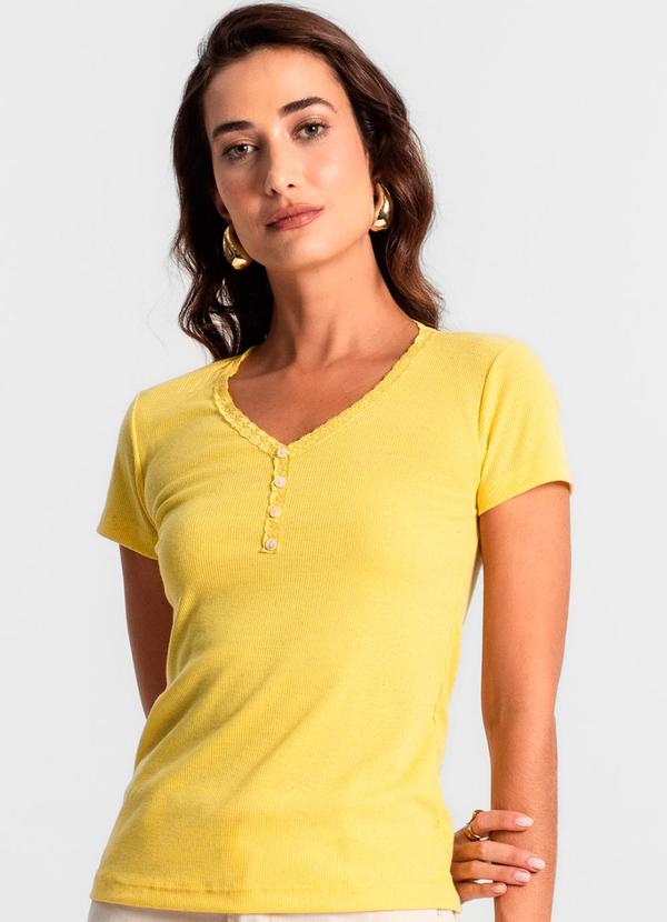 Rovitex - Blusa Feminina Ribana de Linho Amarelo