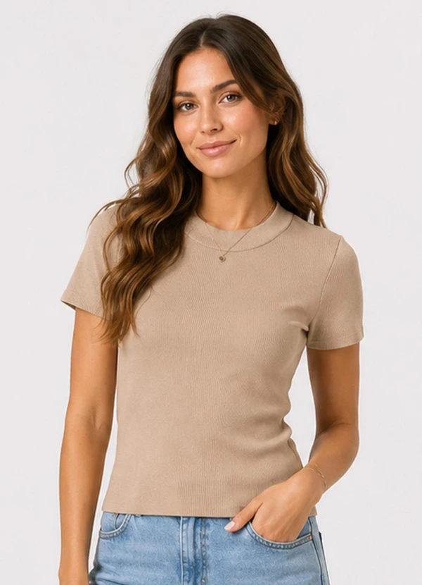 Infinita Cor - Blusa Feminina Ribana Gola em Molde Marrom