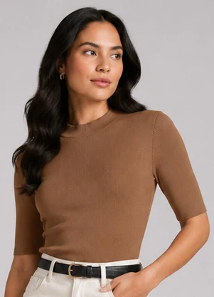 Infinita Cor - Blusa Feminina Ribana Gola em Molde Marrom - INFINITA COR