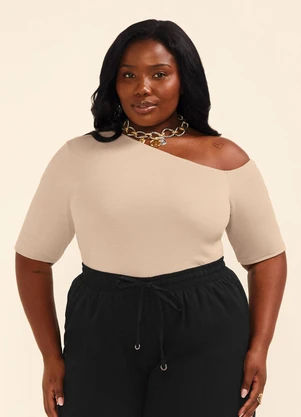 Marialícia - Blusa Feminina Ribana um Ombro Só Bege - MARIALÍCIA