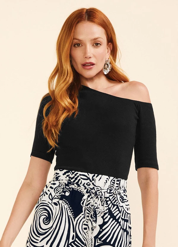 Marialícia - Blusa Feminina Ribana um Ombro Só Preto 1