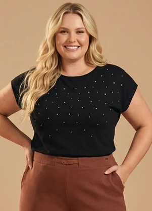 Marialícia - Blusa Feminina Suedine Strass Preto - MARIALÍCIA